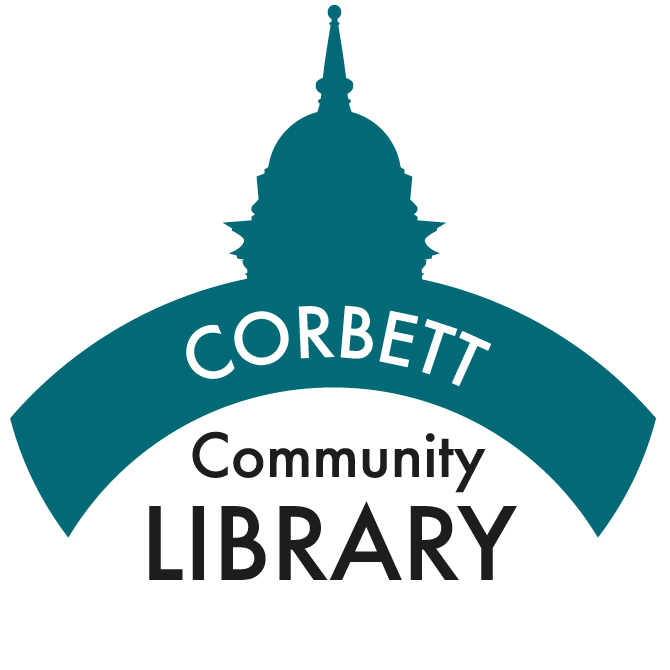 Corbett Community Library logo featuring a domed building silhouette with white text on teal background
