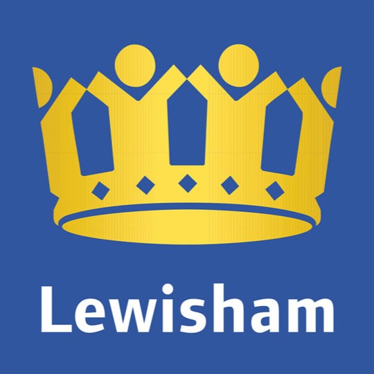 Lewisham Council logo featuring a golden crown with stylized figures on blue background