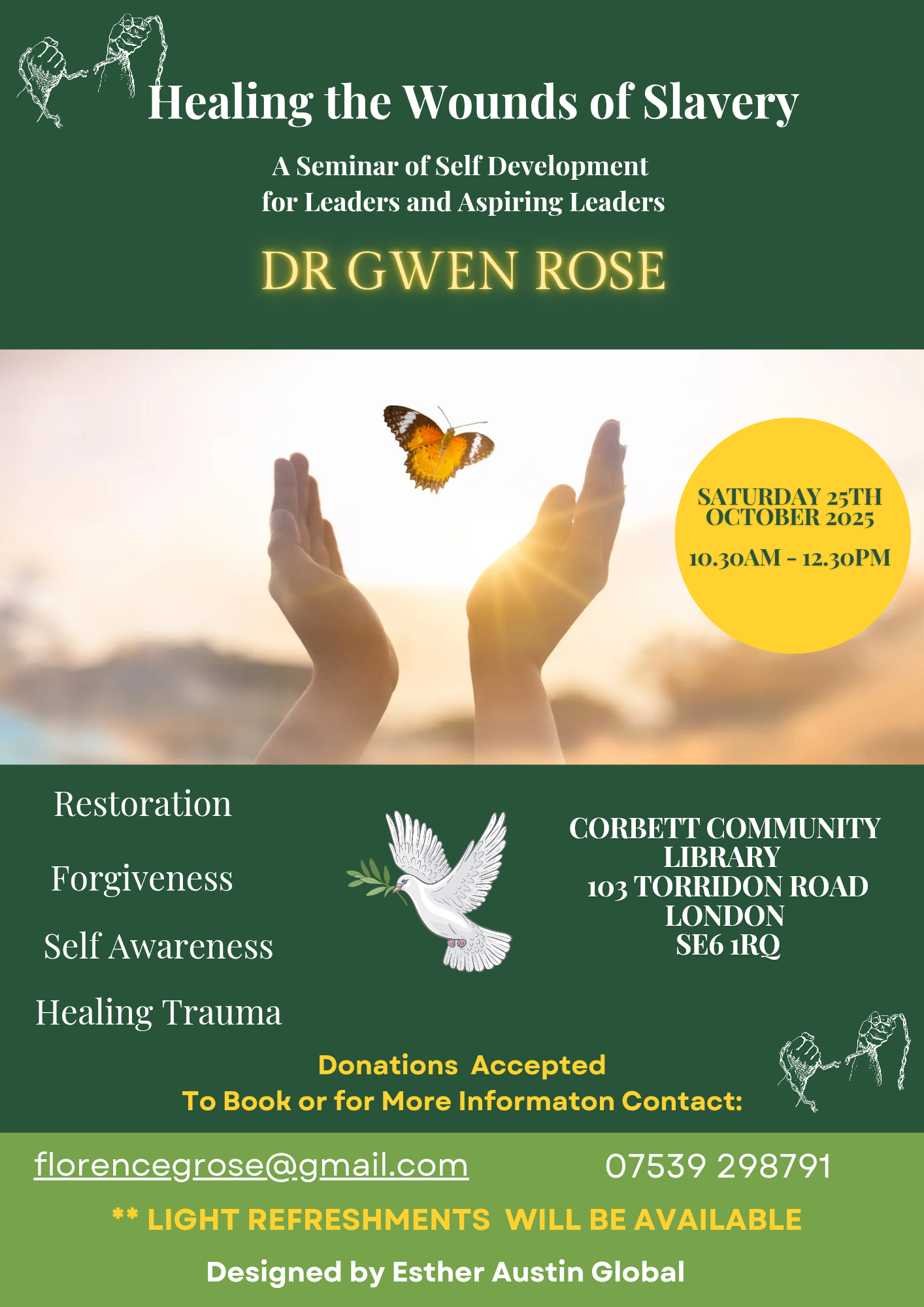Healing the Wounds of Slavery seminar poster by Dr Gwen Rose, Oct 25 2025, featuring hands releasing butterfly symbolizing freedom