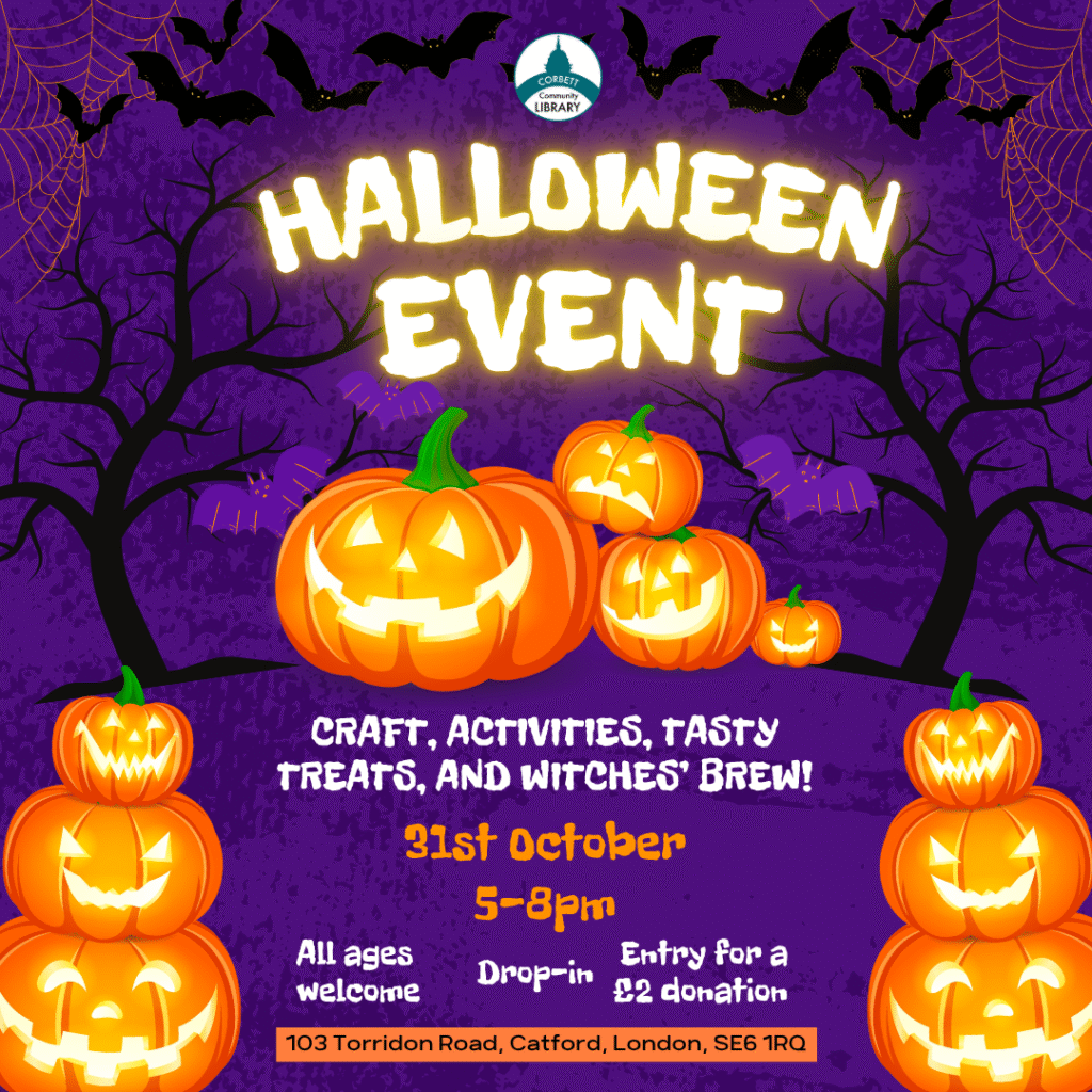 Halloween event poster with jack-o'-lanterns, bats, and spiderwebs advertising crafts and activities at Corbett Library