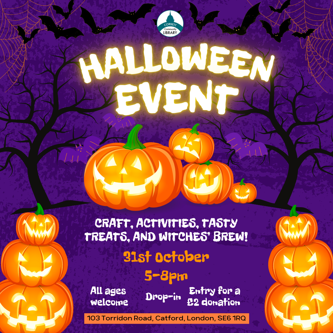 Halloween event poster with jack-o'-lanterns, bats, and spiderwebs advertising crafts and activities at Corbett Library