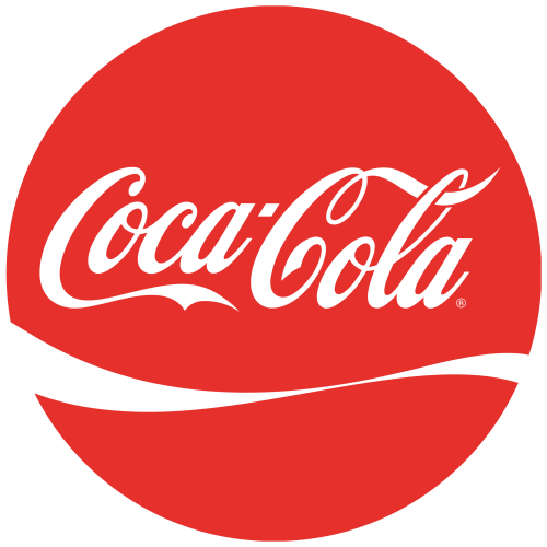 Coca-Cola logo featuring white script lettering on red circular background with flowing ribbon design element