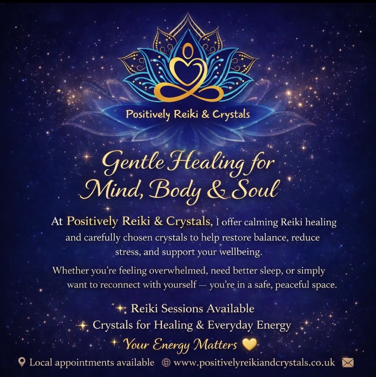 Positively Reiki & Crystals logo with lotus flower design offering gentle healing services for mind, body and soul