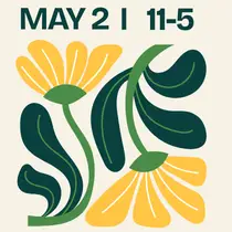 Colorful floral design with yellow daisy petals and green leaves for May 21 11-5 event announcement